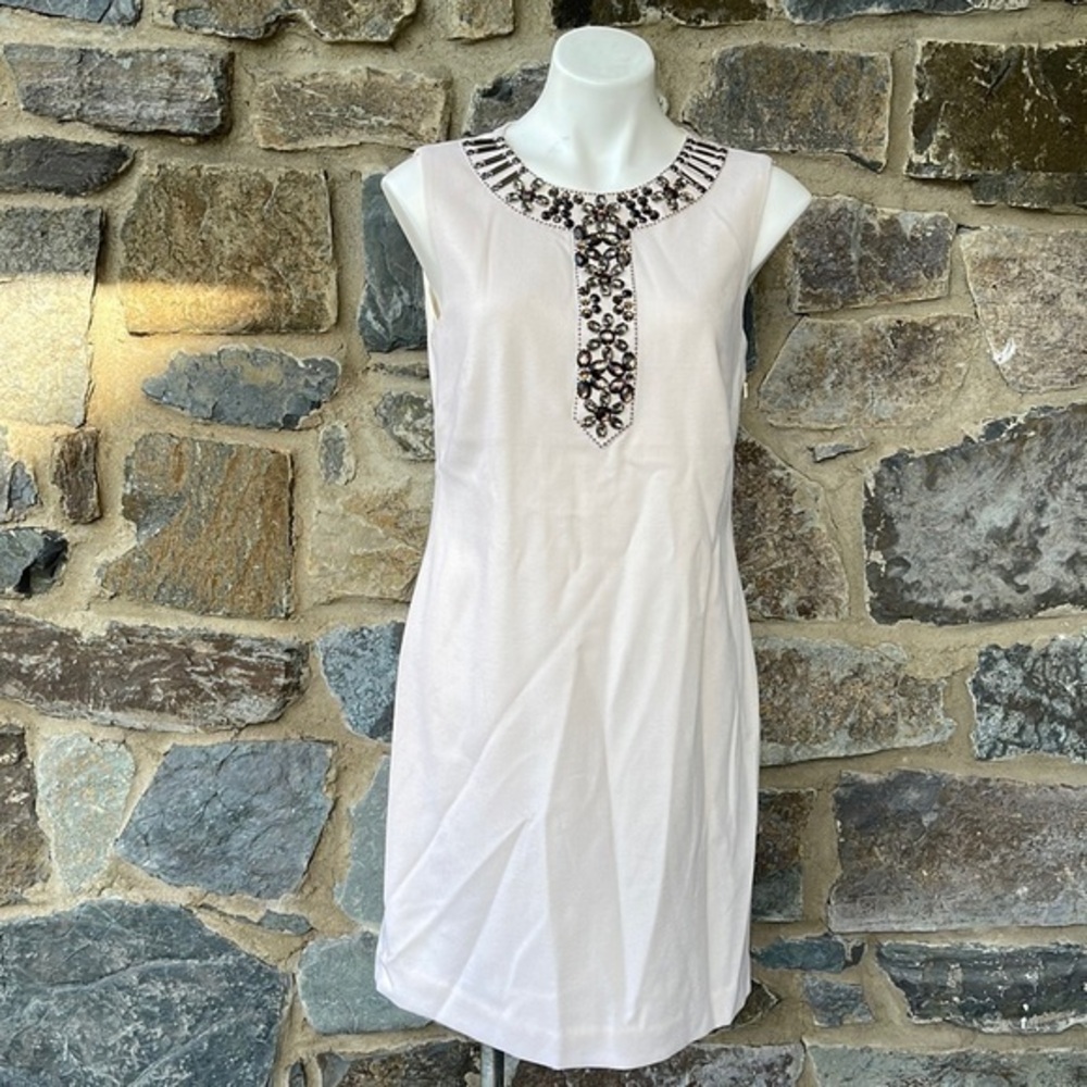 Boden Limited Edition Embellished Wool Sleeveless Shift Dress in Cream Size 8